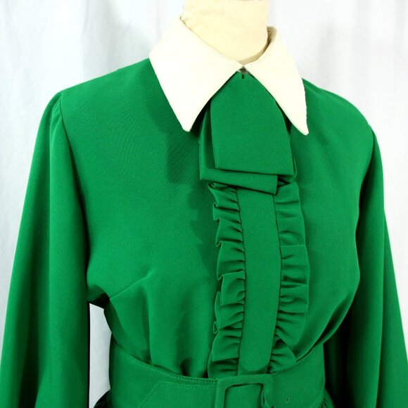 Vintage Les Wilk Collared Belted Ruffle Midi Secretary Geek Dress Green 1960s M - Picture 3 of 11
